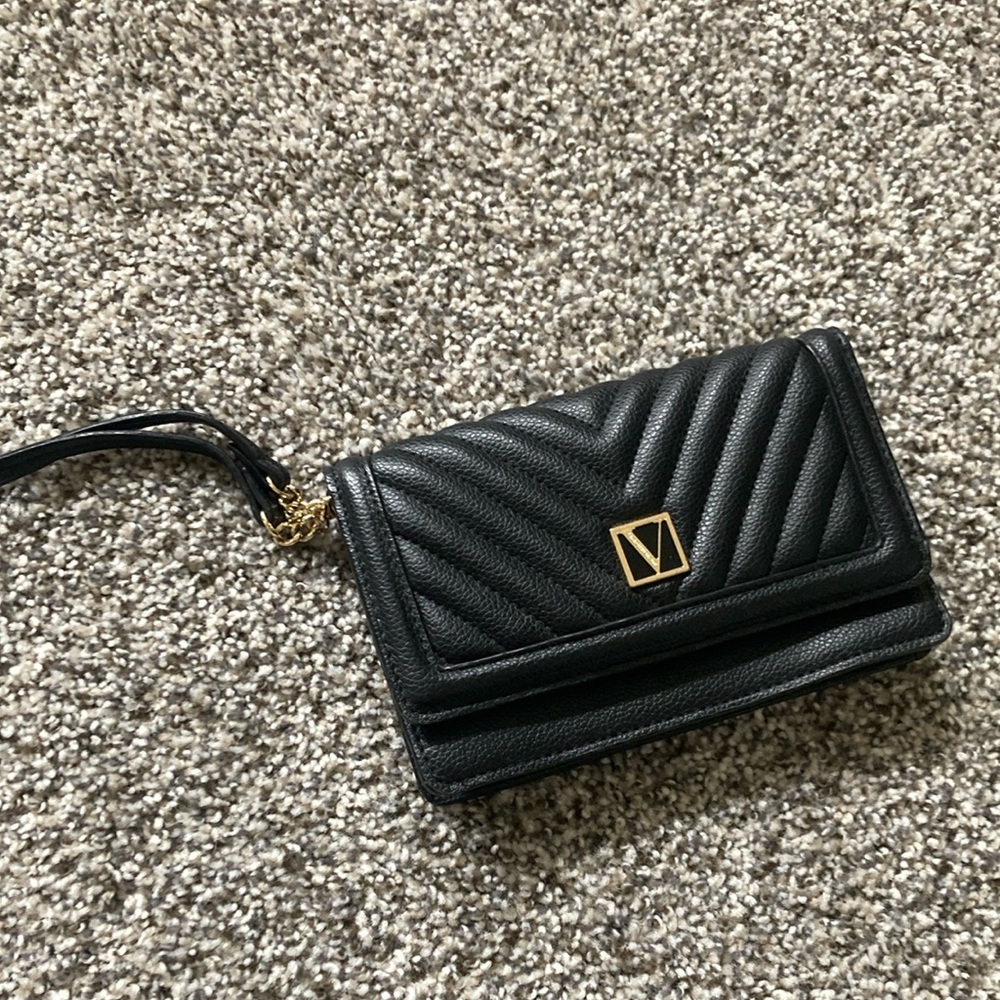 Victoria's Secret Black Quilted Clutch with Chevron Pattern